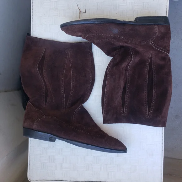 Vtg 80s brown Suede boho westernboots mid calf barrel shaft boots 9